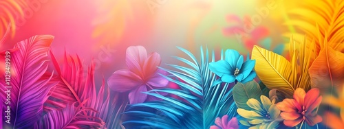 A vibrant and colorful background with tropical flowers, palm leaves, and rainbow colors for summer-themed
