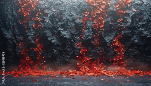 A wall covered in red leaves and rocks