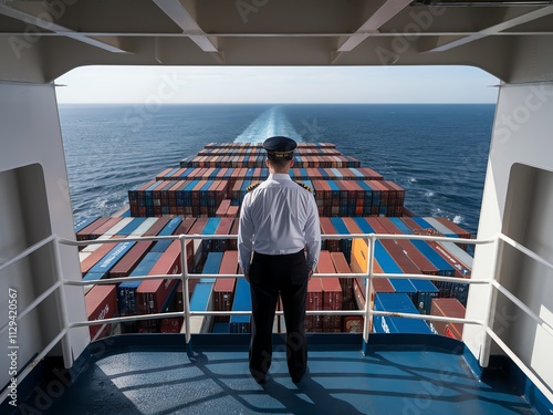 Captain overseeing cargo containers from ship's deck, ocean horizon in background.