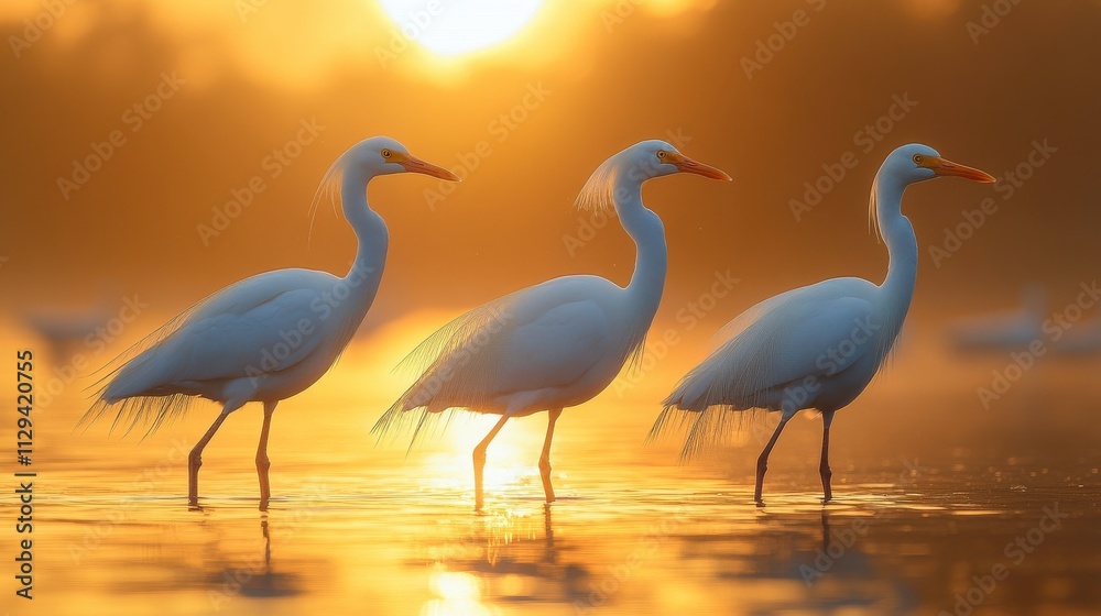 Fototapeta premium Serene Sunset Landscape Featuring Graceful White Egrets Wading Through Calm Waters Amidst a Golden Sunrise Glow, Creating a Tranquil and Picturesque Scene