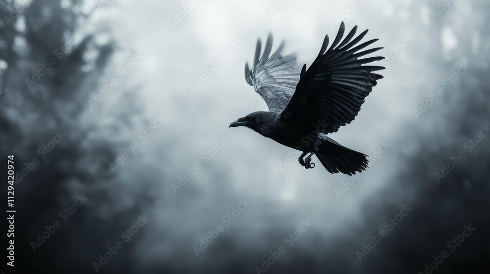 Fototapeta premium Majestic crow in flight, dark forest backdrop.