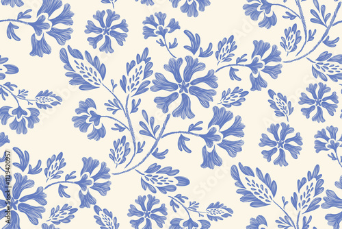 Vintage floral ethnic tapestry modern embroidery texture boho design vector illustration hand drawn silhouette indigo blue flower motif branches leaves wallpaper seamless background border.	