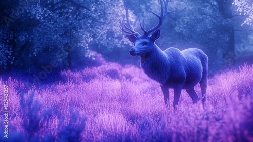 Majestic deer in purple meadow at twilight. photo