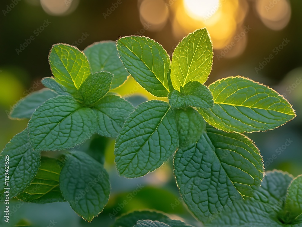 Illuminated Mint Leaves Basking In Sunset Glow Illuminated Mint Leaves Basking In Sunset Glow