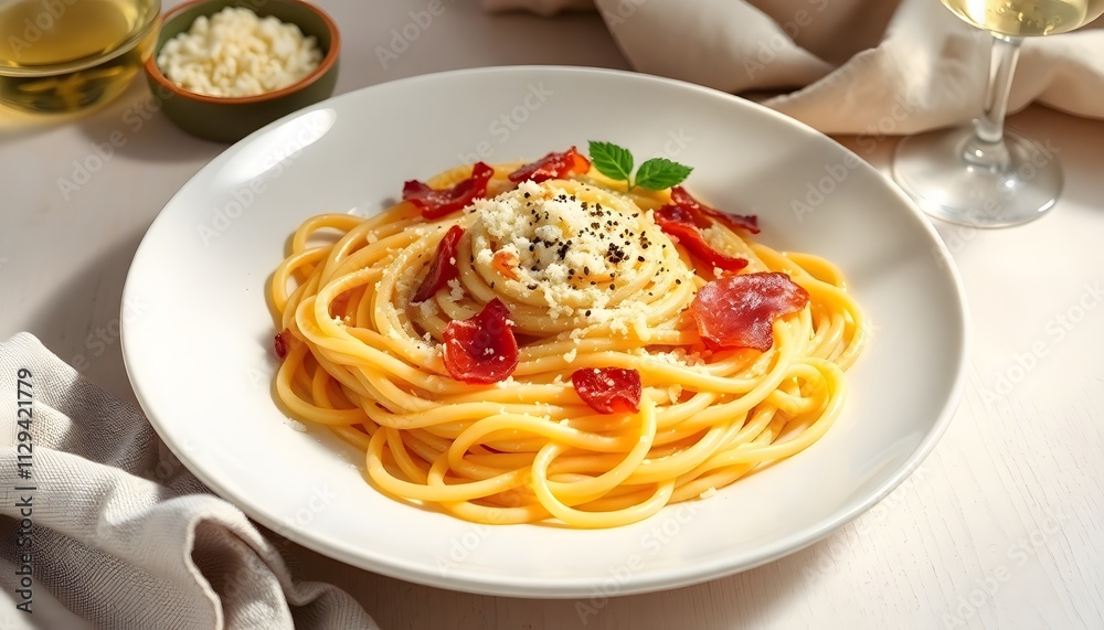A classic pasta carbonara featuring creamy spaghetti with crispy pancetta, grated Parmesan, and a sprinkle of black pepper. Set on a white plate on a light wooden table with elegant props. A classic pasta carbonara featuring creamy spaghetti with crispy pancetta, grated Parmesan, and a sprinkle of black pepper. Set on a white plate on a light wooden table with elegant props.
