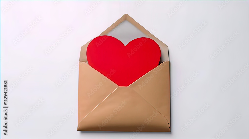 Kraft paper envelope with red paper cutout heart sticking out, Valentine's Day greeting card, romantic design Kraft paper envelope with red paper cutout heart sticking out, Valentine's Day greeting card, romantic design