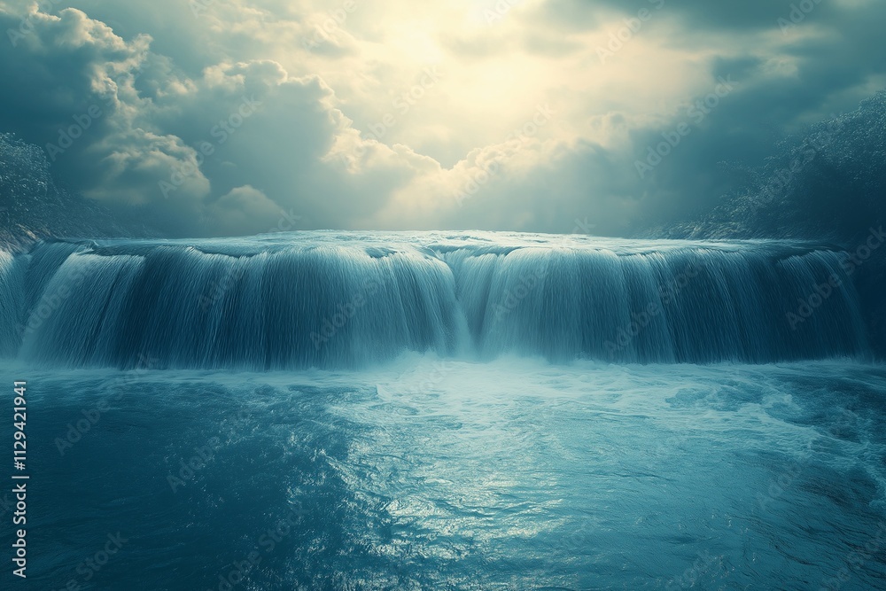Serene Waterfall Paradise: A breathtaking, ethereal waterfall cascades into a vast, tranquil body of water. Sunlight pierces through the clouds, casting a heavenly glow upon the scene. Serene Waterfall Paradise: A breathtaking, ethereal waterfall cascades into a vast, tranquil body of water. Sunlight pierces through the clouds, casting a heavenly glow upon the scene.