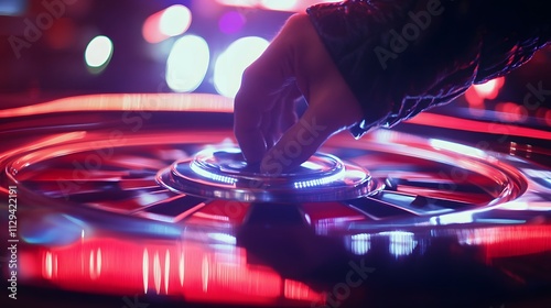 A close-up of a roulette croupiers hand spinning the wheel under bright casino lights. photo