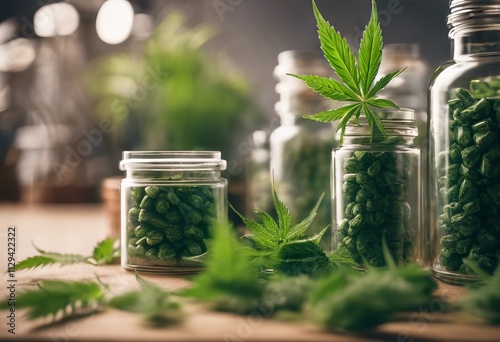 Frasco de vidrio con hoja de cannabis rodeado de brotes en un entorno natural y cálido.