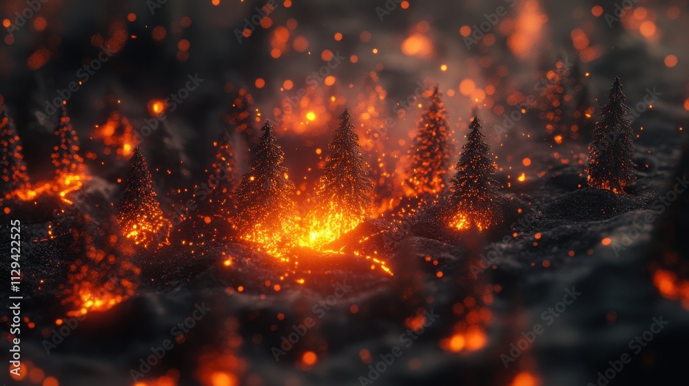 Glowing embers erupt from burning trees in a forest fire during dusk, illuminating the dark surroundings with intense orange and red hues. Generative AI Glowing embers erupt from burning trees in a forest fire during dusk, illuminating the dark surroundings with intense orange and red hues. Generative AI