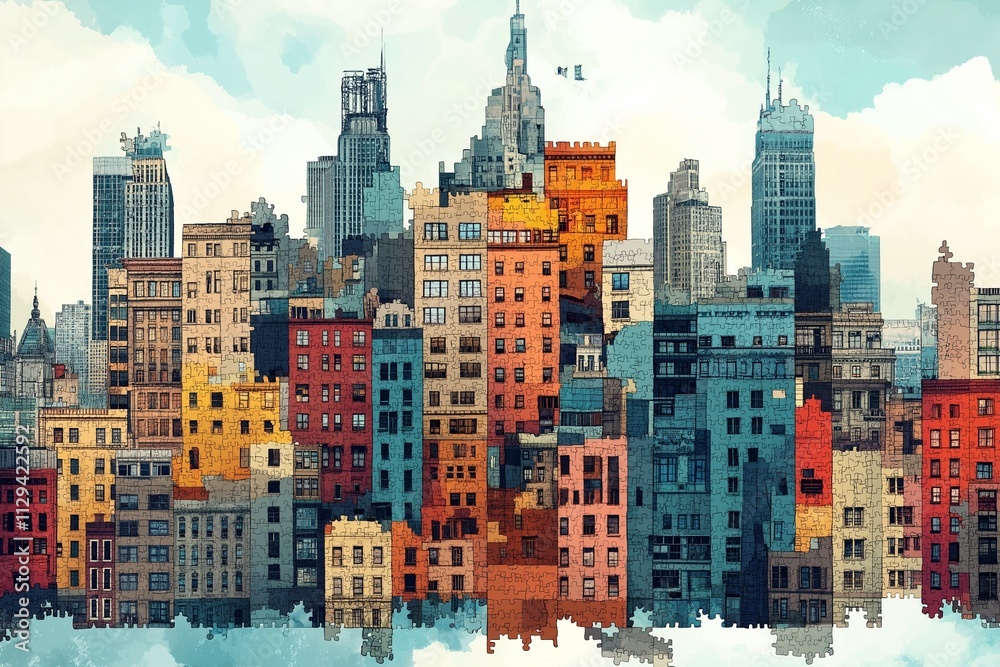 Vibrant Cityscape: A captivating watercolor illustration of a bustling city skyline, showcasing a vibrant array of colorful buildings under a soft, cloudy sky. Vibrant Cityscape: A captivating watercolor illustration of a bustling city skyline, showcasing a vibrant array of colorful buildings under a soft, cloudy sky.