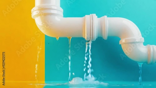 A white pipe leaks water against a blue and yellow background.