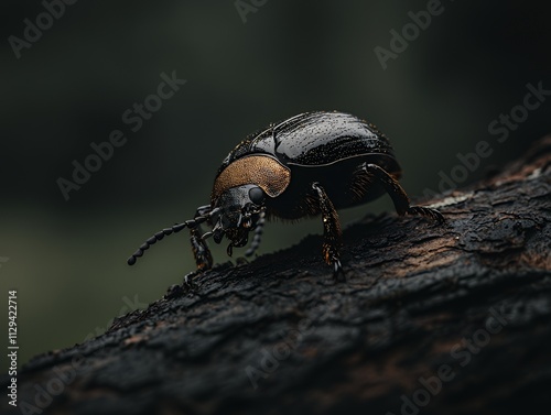 Close-up of a beetle on bark with shiny exoskeleton photo