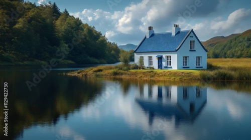 A small blue house sits on a small island in a lake