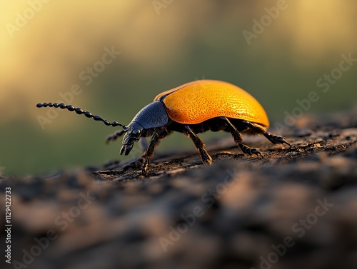 Close-up of a beetle on bark with shiny exoskeleton photo