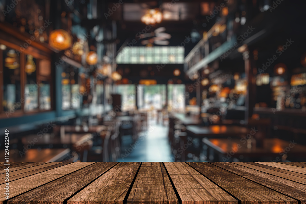 Empty dark wooden table in front of abstract blurred bokeh background of restaurant. Can be used for display or montage your products.Mock up for space Empty dark wooden table in front of abstract blurred bokeh background of restaurant. Can be used for display or montage your products.Mock up for space