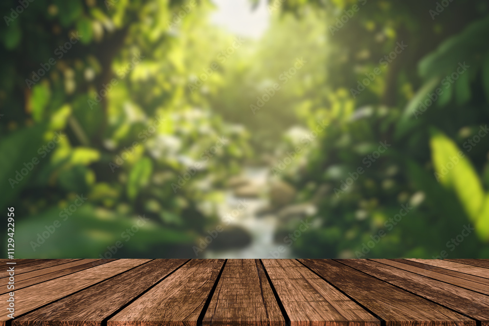 Wooden floor perspective and green forest with ray of light. Wooden floor perspective and green forest with ray of light.