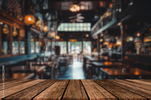 Wallpaper Mural Empty dark wooden table in front of abstract blurred bokeh background of restaurant. Can be used for display or montage your products.Mock up for space Torontodigital.ca