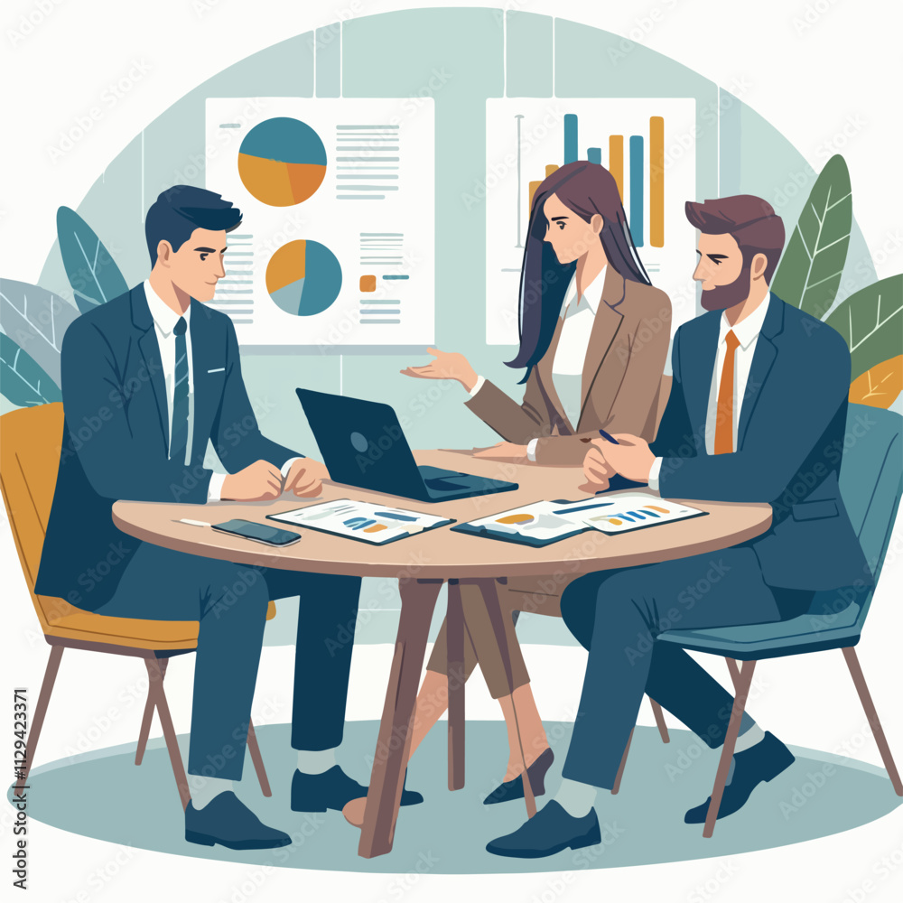 Partners meeting for business discussion with documents and laptop on desk. Couple at round table, speaking, discussing work, partnership. Flat vector on a white background Partners meeting for business discussion with documents and laptop on desk. Couple at round table, speaking, discussing work, partnership. Flat vector on a white background