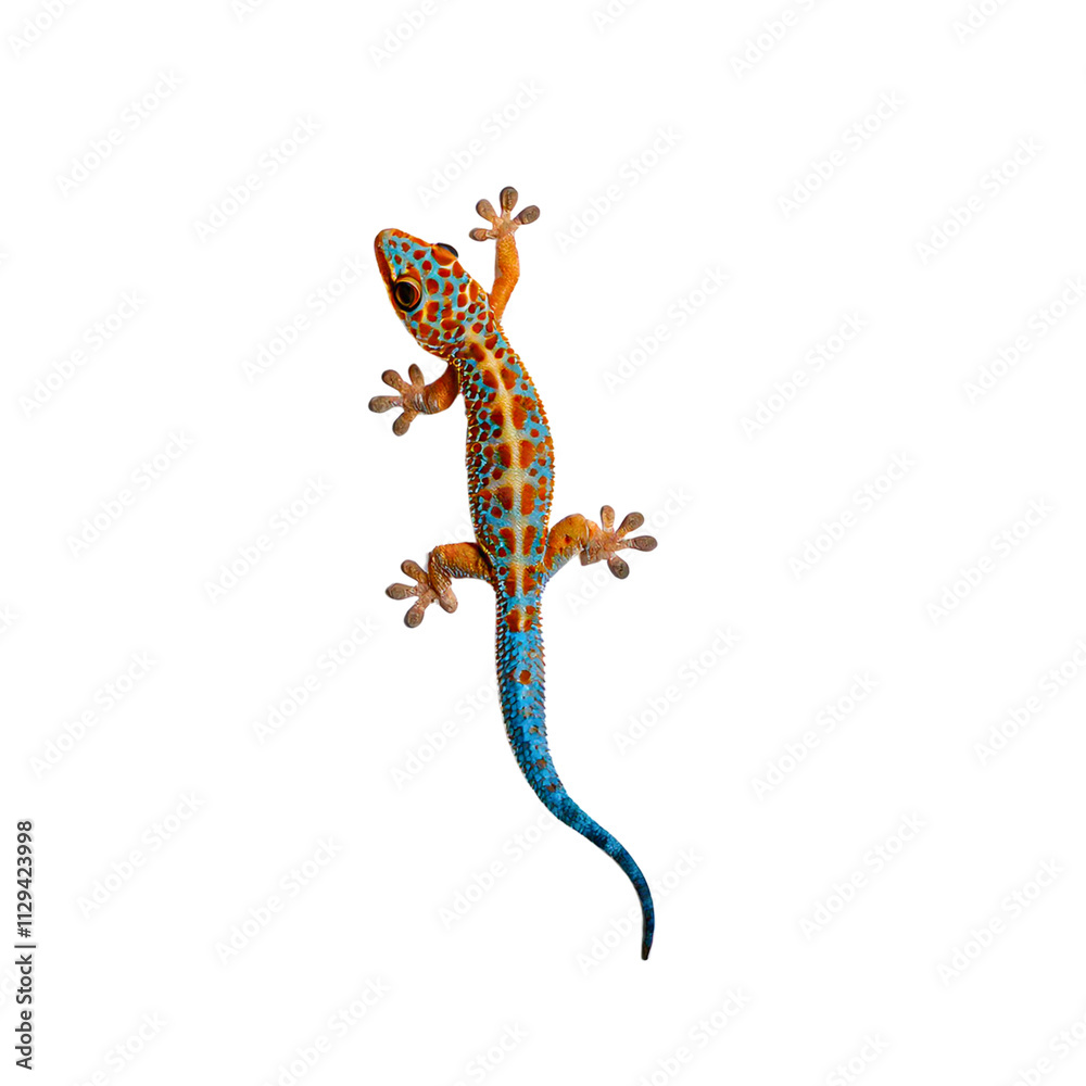 Naklejka premium Colorful gecko climbing on a transparent surface in a playful pose