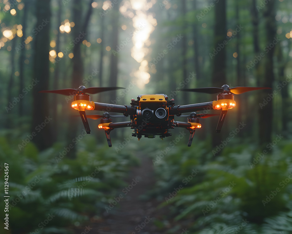 Drone flying through lush green forest.