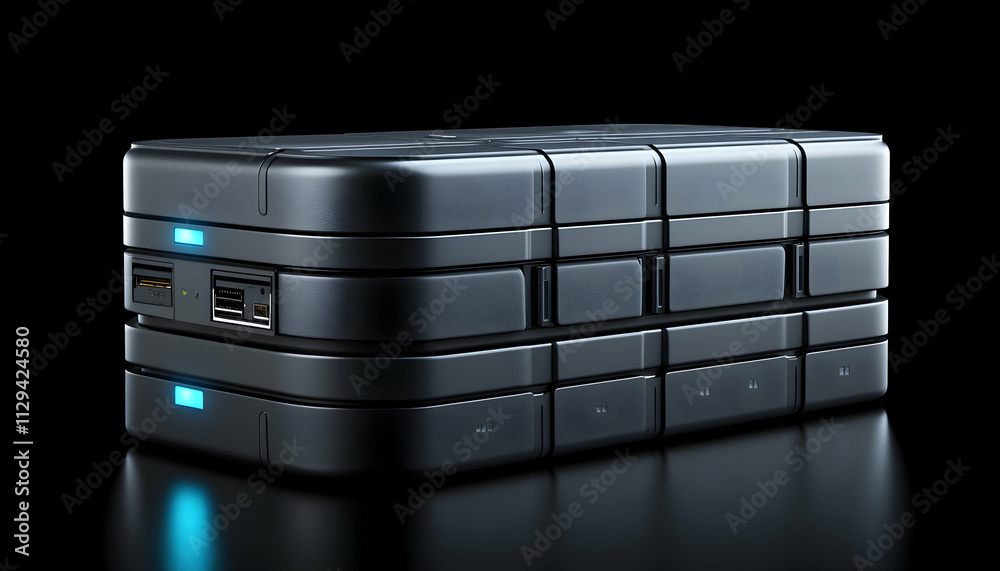 Obraz premium Futuristic metallic power bank with USB ports, isolated on black background.