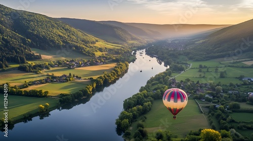 A colorful hot air balloon floating over a picturesque valley at sunrise. photo