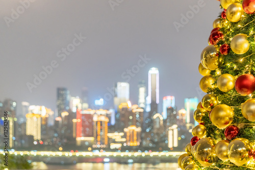 decorated christmas tree with modern cityscape and skyline, sky for copyspace.