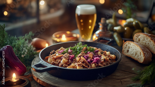 Pyttipanna served in a traditional cast-iron skillet, placed on a wooden table with rye bread, pickled vegetables, and a glass of beer in the background photo