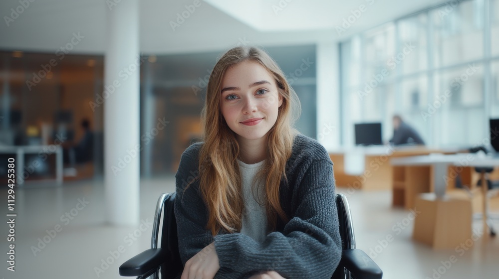 A cheerful young professional in a wheelchair, working in an inclusive office environment. A cheerful young professional in a wheelchair, working in an inclusive office environment.