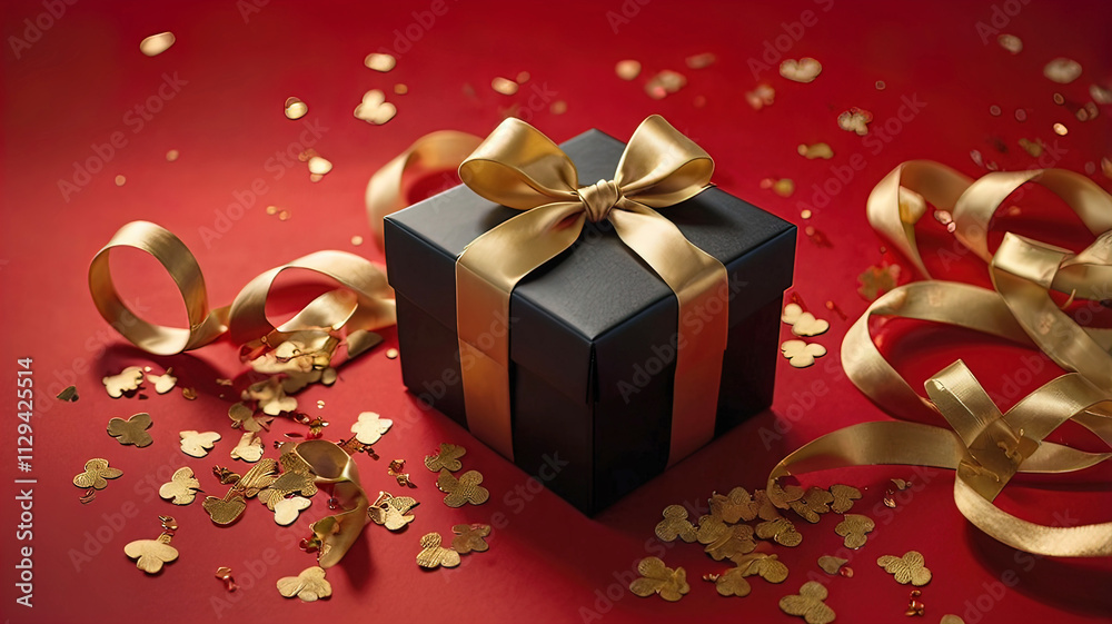 red background with a gift box tied with a satin shiny ribbon with a bow. small gold confetti. red background with a gift box tied with a satin shiny ribbon with a bow. small gold confetti.