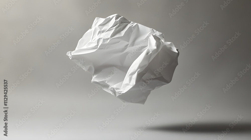A crumpled piece of white paper floating mid-air over a gray backdrop. A crumpled piece of white paper floating mid-air over a gray backdrop.