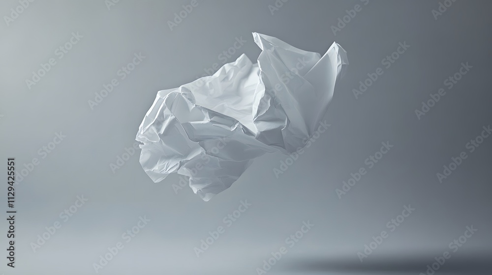 A crumpled piece of white paper floating mid-air over a gray backdrop. A crumpled piece of white paper floating mid-air over a gray backdrop.