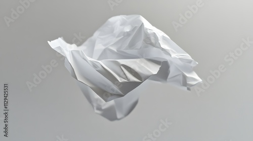 A crumpled piece of white paper floating mid-air over a gray backdrop.