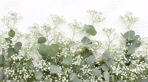 A white flower field with green leaves and white flowers