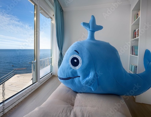 cozy nautical themed room with plush blue whale and ocean view window photo