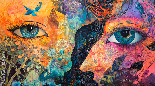 A Mesmerizing Mixed Media Representation of Divine Femininity with Nature Elements and Colorful Layers Explored by an Abstract Vision