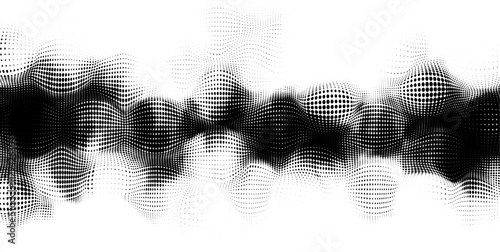Vector halftone design with warp dots effect. Motion effect with black and white dotted texture. Dynamic abstract background.