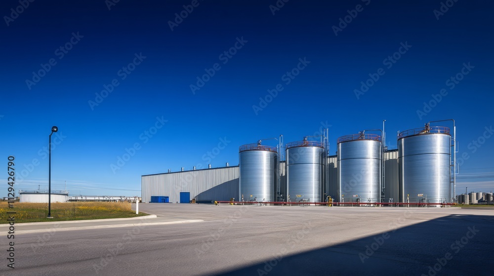 Industrial facility with large storage tanks under a clear blue sky. Industrial facility with large storage tanks under a clear blue sky.