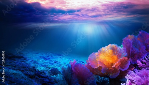 create an image of magical light under water sea with colours of purple blue and hints of orange and pink the style is surreal and photo realistic photo