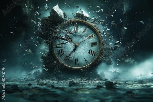 Shattered Time: A dramatic, surreal image of an antique clock crumbling into dust, symbolizing the fleeting nature of time and the fragility of moments.  