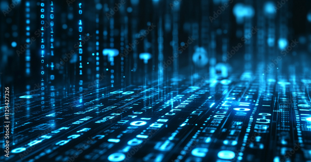 Exploring a digital landscape with flowing data streams and binary codes at night Exploring a digital landscape with flowing data streams and binary codes at night