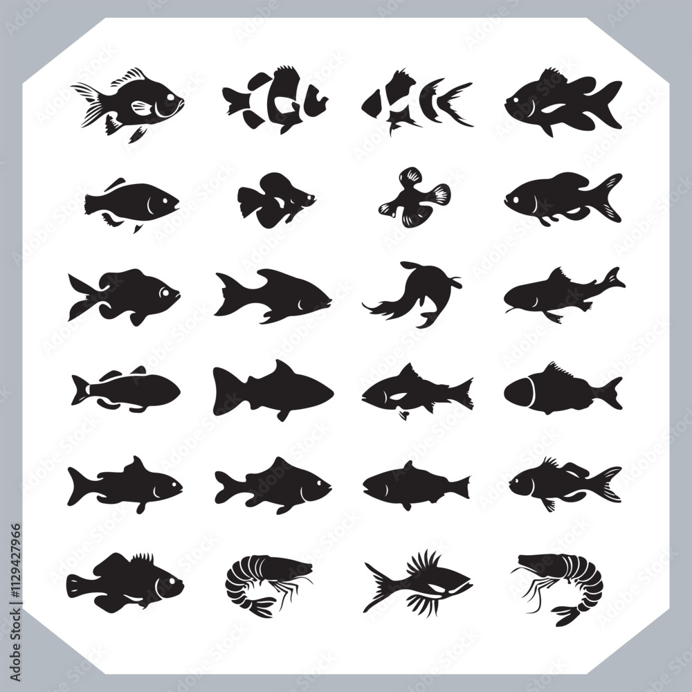 Naklejka premium Creative Collection of Fish Silhouette Logotype Icons for Modern and Elegant Logo Design in white background