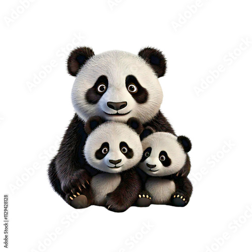 Cute family of animated pandas relaxing together in a playful setting