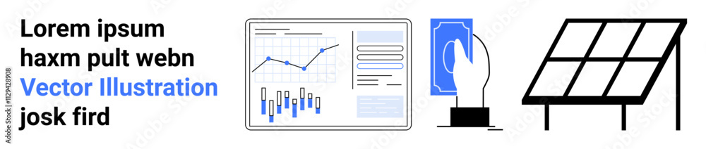 Graph with statistical data, a hand touching a tablet screen, and a solar panel. Ideal for renewable energy, data analysis, solar power, technology, sustainability, web design, and landing pages Graph with statistical data, a hand touching a tablet screen, and a solar panel. Ideal for renewable energy, data analysis, solar power, technology, sustainability, web design, and landing pages
