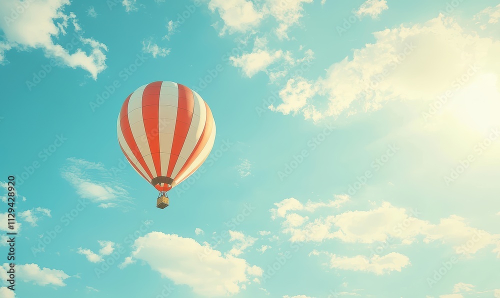 Fototapeta premium A colorful hot air balloon floats peacefully in a bright blue sky filled with fluffy clouds and warm sunlight.