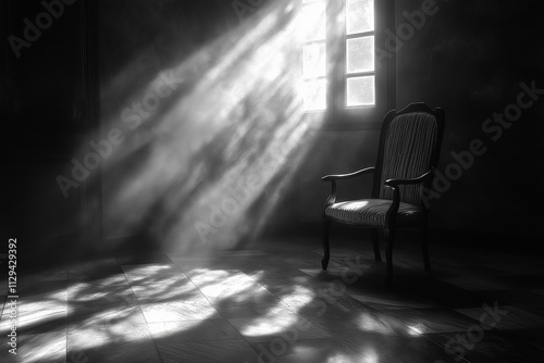 Solitary Chair in Sunbeam: A grayscale image of an antique chair bathed in the ethereal glow of sunlight streaming through a window in a dimly lit room.