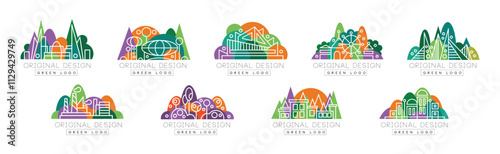 Green Logo Original Design with City Landscape Vector Set