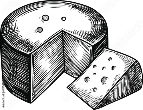 A hand drawn engraving style cheese and slice vector illustrations for print and packaging.	