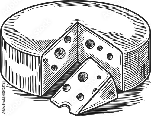 A hand drawn engraving style cheese and slice vector illustrations.